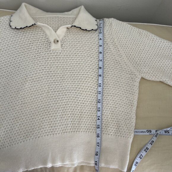Corean Open Stitch Knit Polo Sweater Contrast Scallop Hem M - Picture 7 of 8
